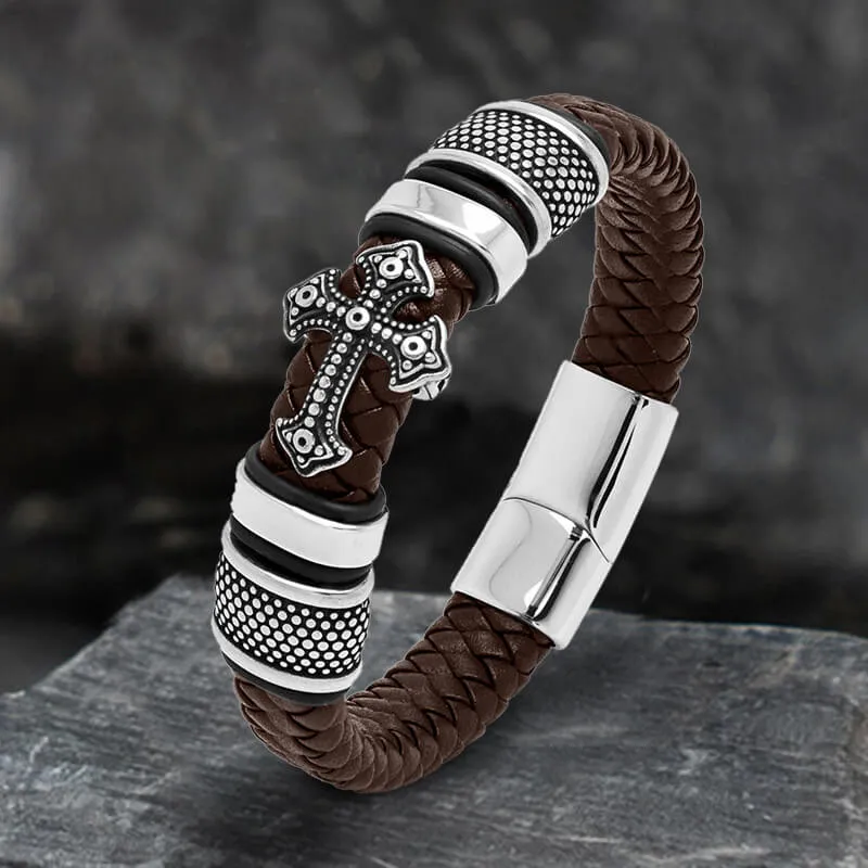 Budded Cross Stainless Steel Braided Leather Bracelet sold by GTHIC product image thumbnail 3