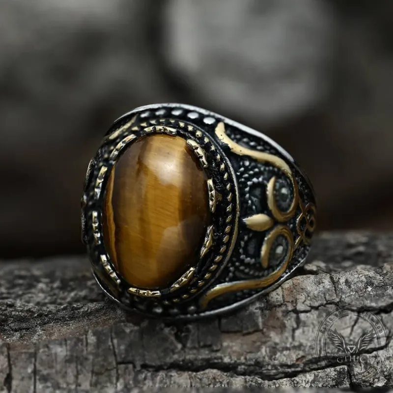 Vintage Pattern Turquoise Tiger-Eye Stainless Steel Ring sold by GTHIC