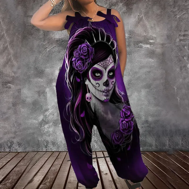 Gothic Skull Flower Print Women's Casual Overalls sold by GTHIC