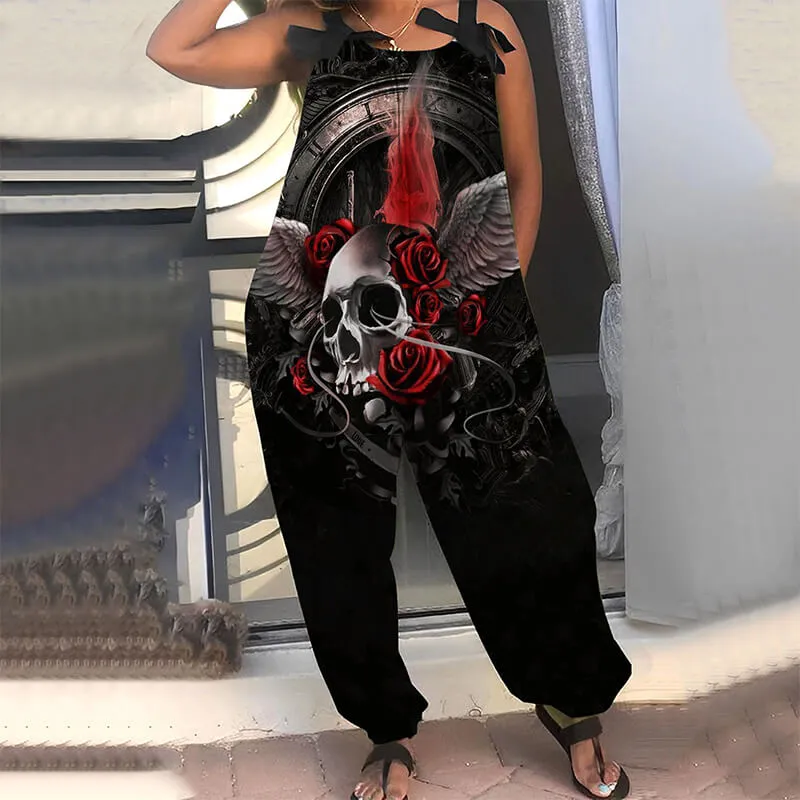Gothic Skull Flower Print Women's Casual Overalls sold by GTHIC product image thumbnail 4