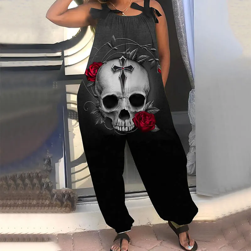 Gothic Skull Flower Print Women's Casual Overalls sold by GTHIC product image thumbnail 2