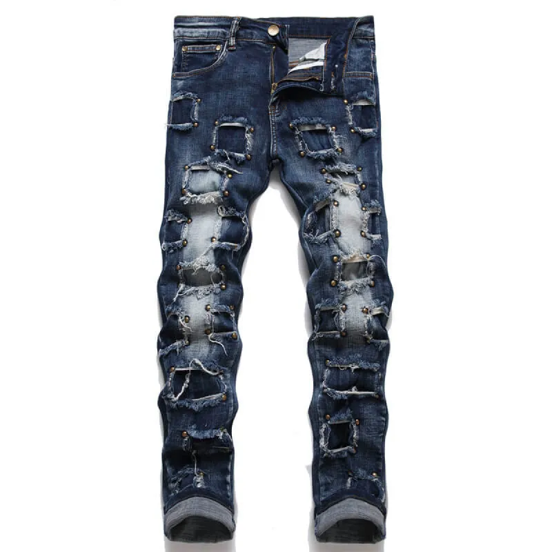 Punk Rivet Patch Cotton Men's Skinny Pants sold by GTHIC