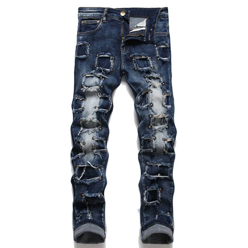Punk Rivet Patch Cotton Men's Skinny Pants sold by GTHIC