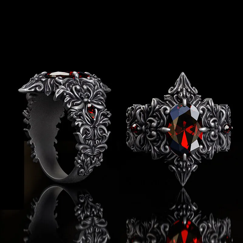 Gothic Pattern Inlaid Red Zircon Sterling Silver Ring sold by GTHIC