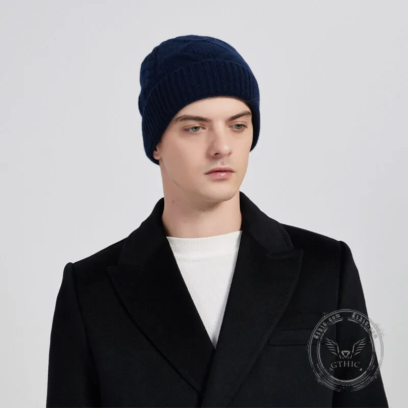 Solid Color Jacquard Cashmere Knit Cuffed Beanie sold by GTHIC