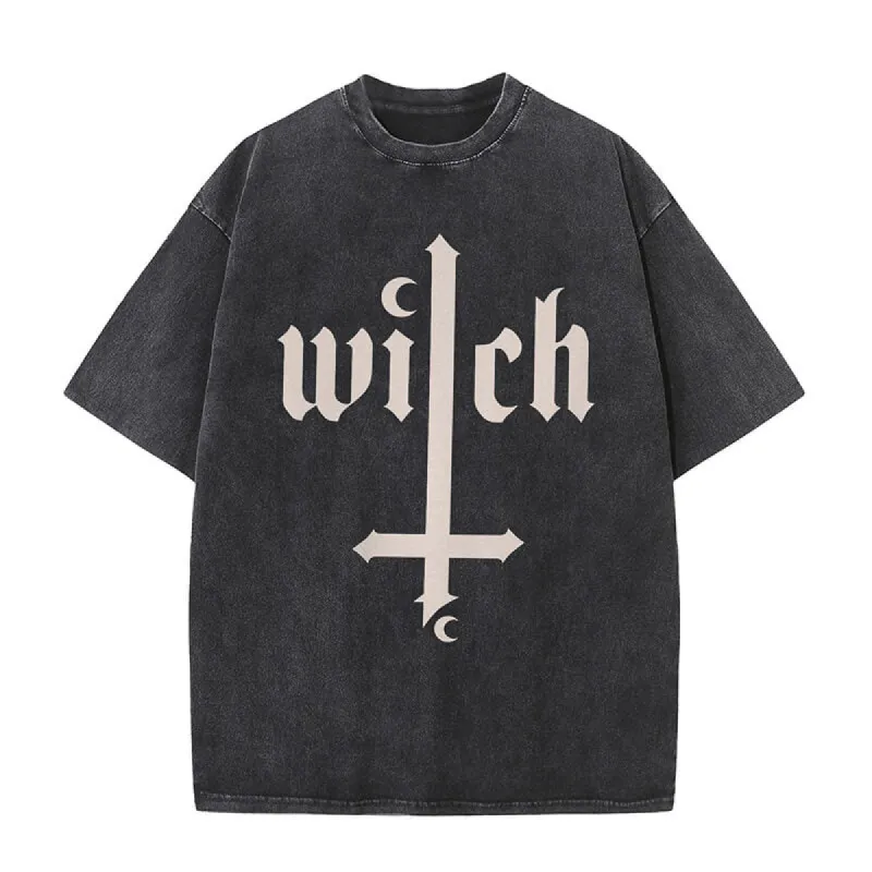 Witch Cross Moon Print Washed T-shirt sold by GTHIC