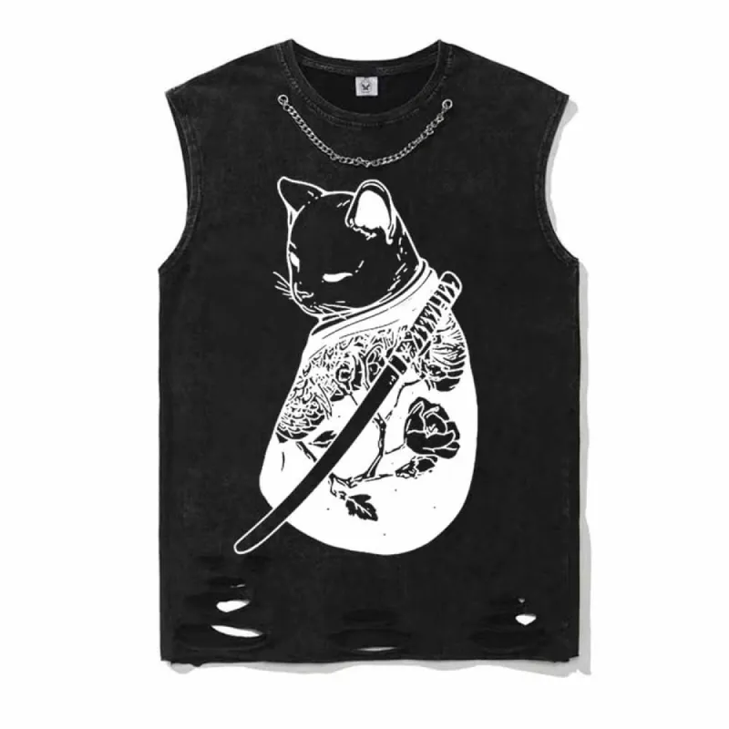 Cool Cat Samurai Vintage Washed Cotton Vest Top made by GTHIC