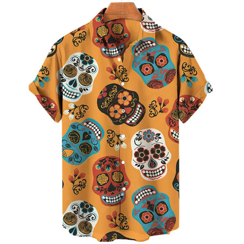 Sugar Skull Print Polyester Hawaiian Shirt sold by GTHIC