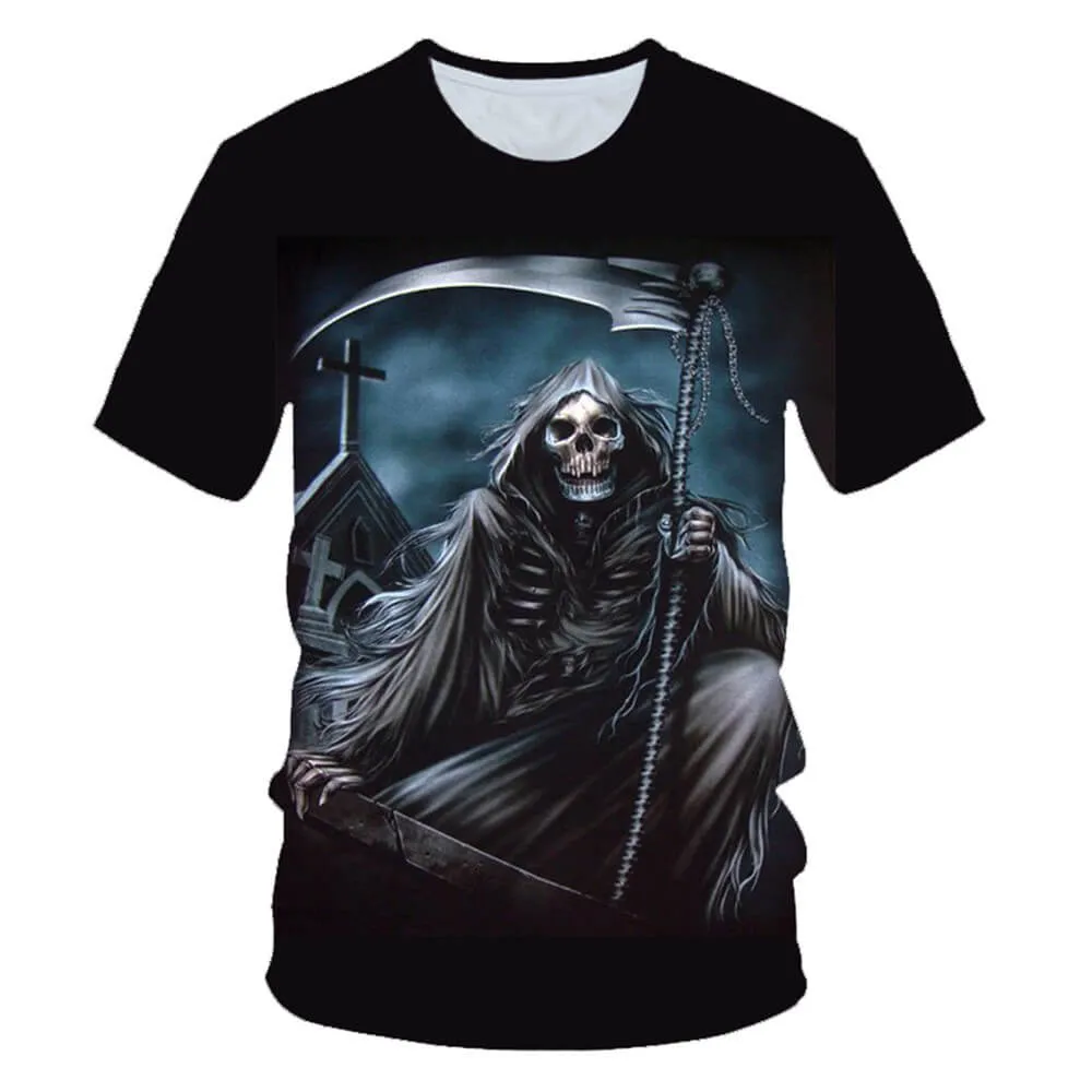 Grim Reaper Scythe Polyester Skull T-shirt sold by GTHIC