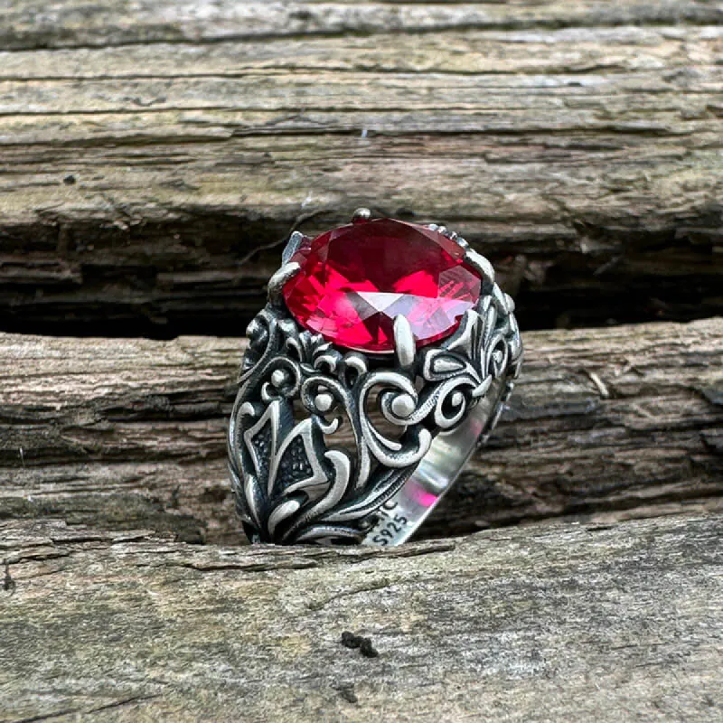 Gothic Pattern Red Zircon Sterling Silver Ring sold by GTHIC