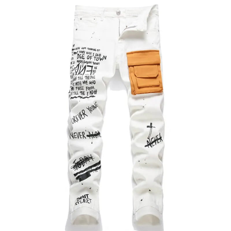 White Monogrammed Printed Cotton Skinny Pants sold by GTHIC