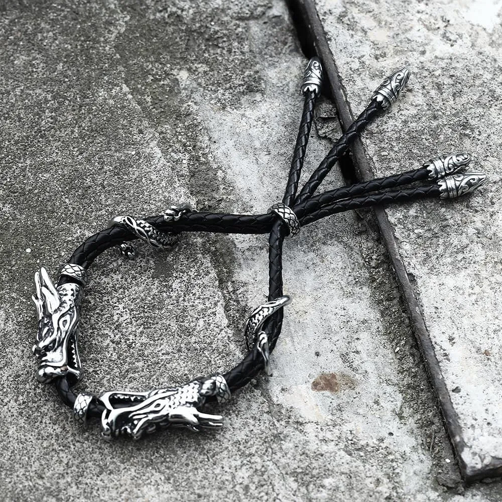 Vintage Double Dragon Stainless Steel Leather Animal Bracelet sold by GTHIC