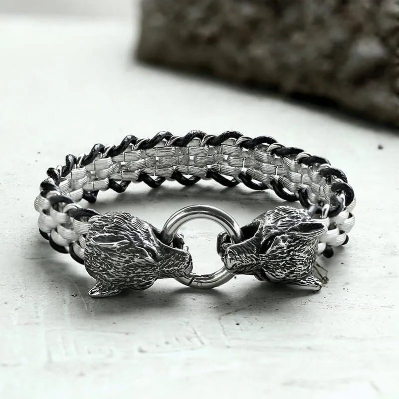 Double Wolf Head Buckle Stainless Steel Braided Bracelet sold by GTHIC