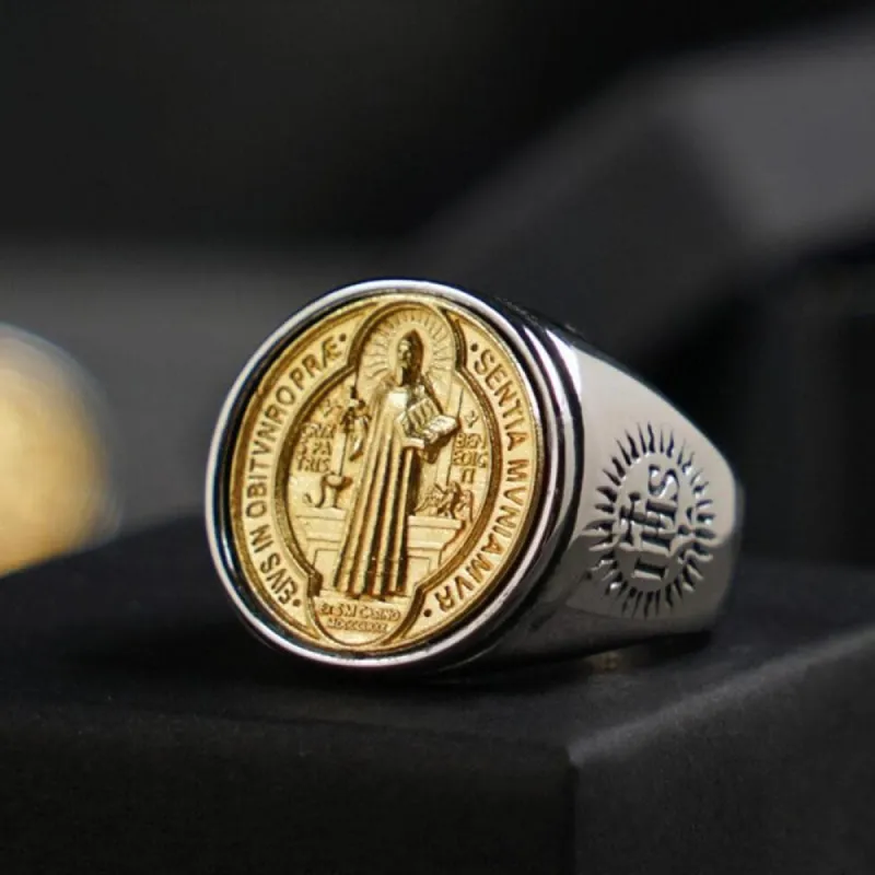 Saint Benedict Medal Stainless Steel Cross Ring sold by GTHIC