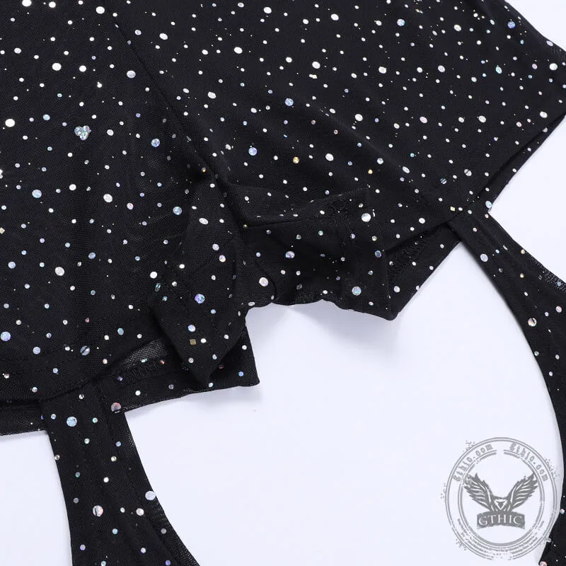 Black Mesh Rhinestone Hollow High-Waisted Flared Pants sold by GTHIC product image thumbnail 5