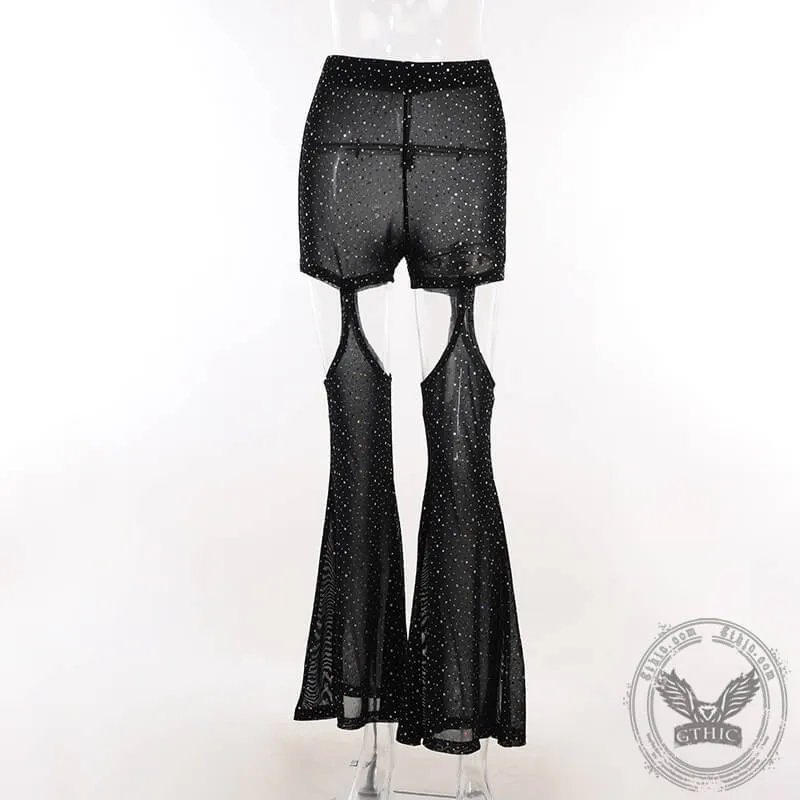 Black Mesh Rhinestone Hollow High-Waisted Flared Pants sold by GTHIC product image thumbnail 3