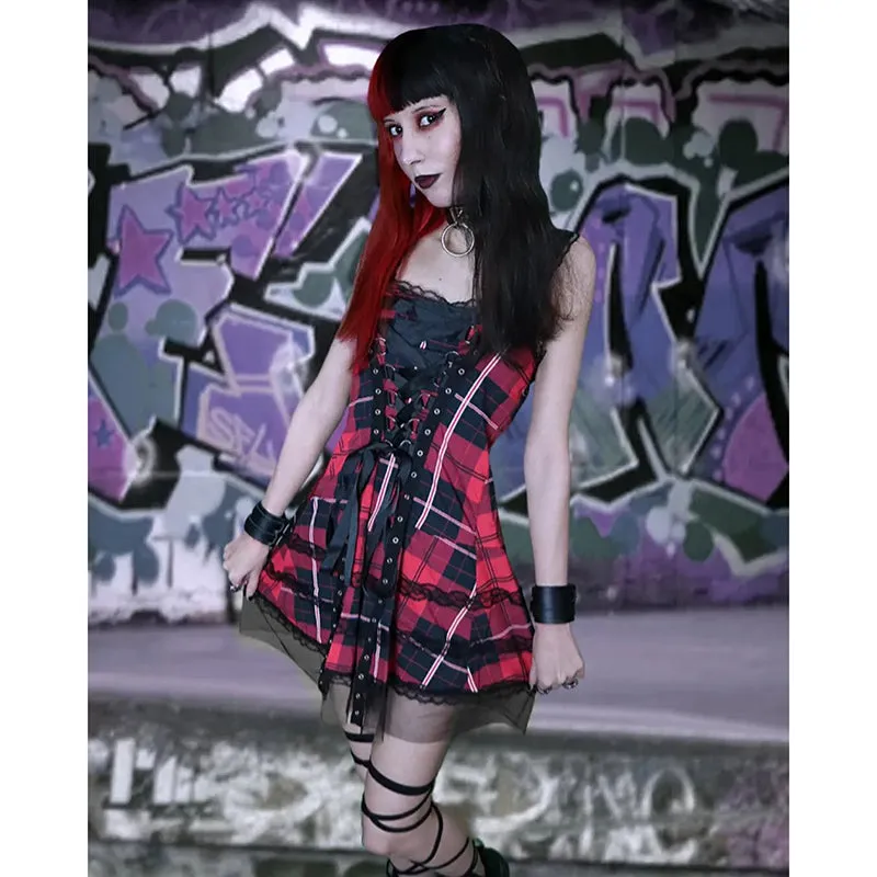 Plaid Lace Up Gothic Mini Dress sold by GTHIC product image thumbnail 2