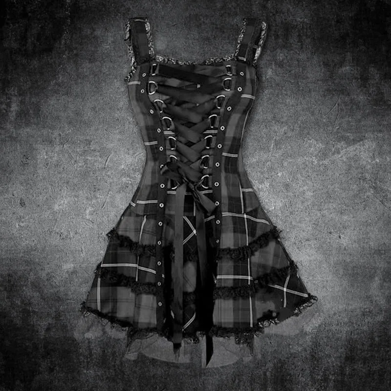 Plaid Lace Up Gothic Mini Dress sold by GTHIC product image thumbnail 5