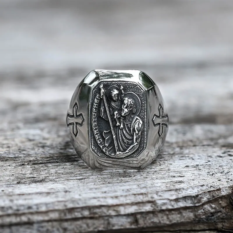 St Christopher Protect Us Stainless Steel Ring sold by GTHIC