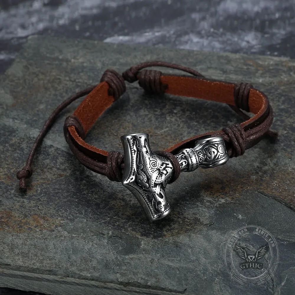 Thor’s Hammer Stainless Steel Leather Viking Bracelet sold by GTHIC product image thumbnail 3