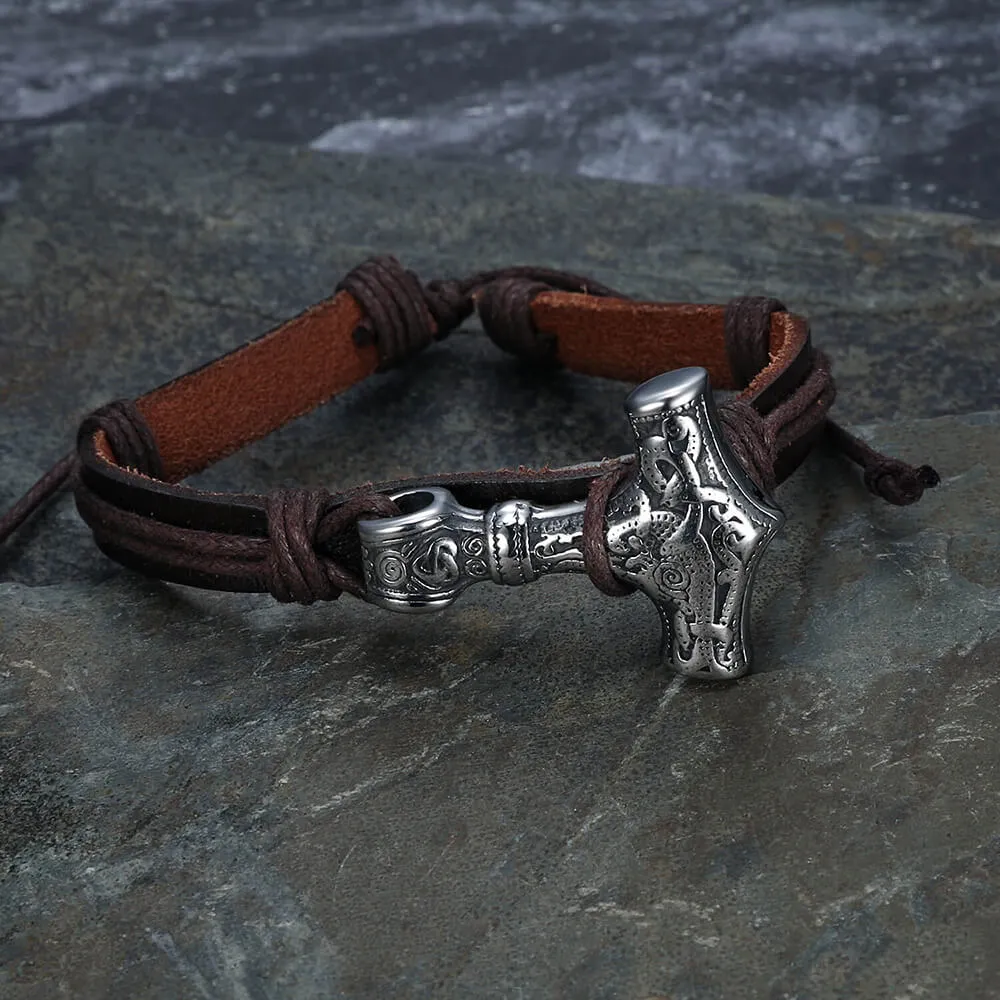 Thor’s Hammer Stainless Steel Leather Viking Bracelet sold by GTHIC