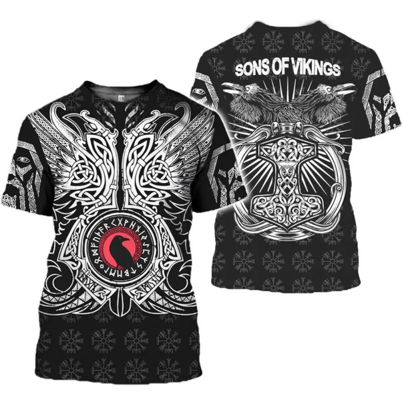 Celtic Knot Runes Raven Polyester Viking T-Shirt sold by GTHIC