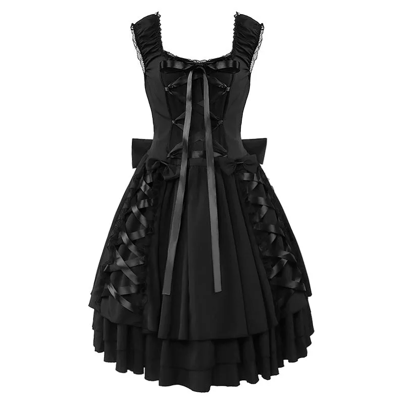 Black Layered Lace-Up Sleeveless Lolita Dress sold by GTHIC