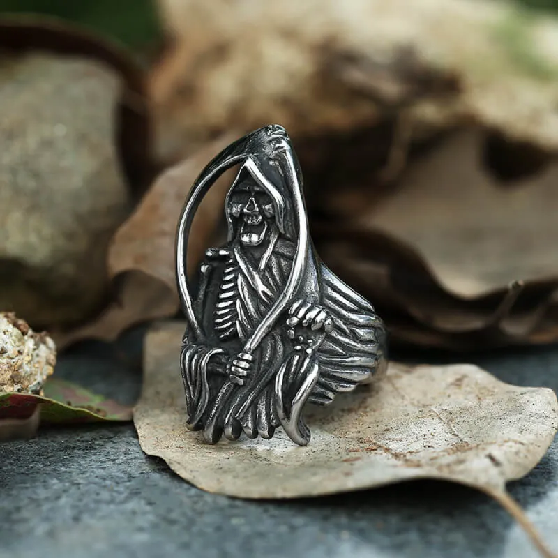Grim Reaper Scythe Stainless Steel Skull Ring sold by GTHIC