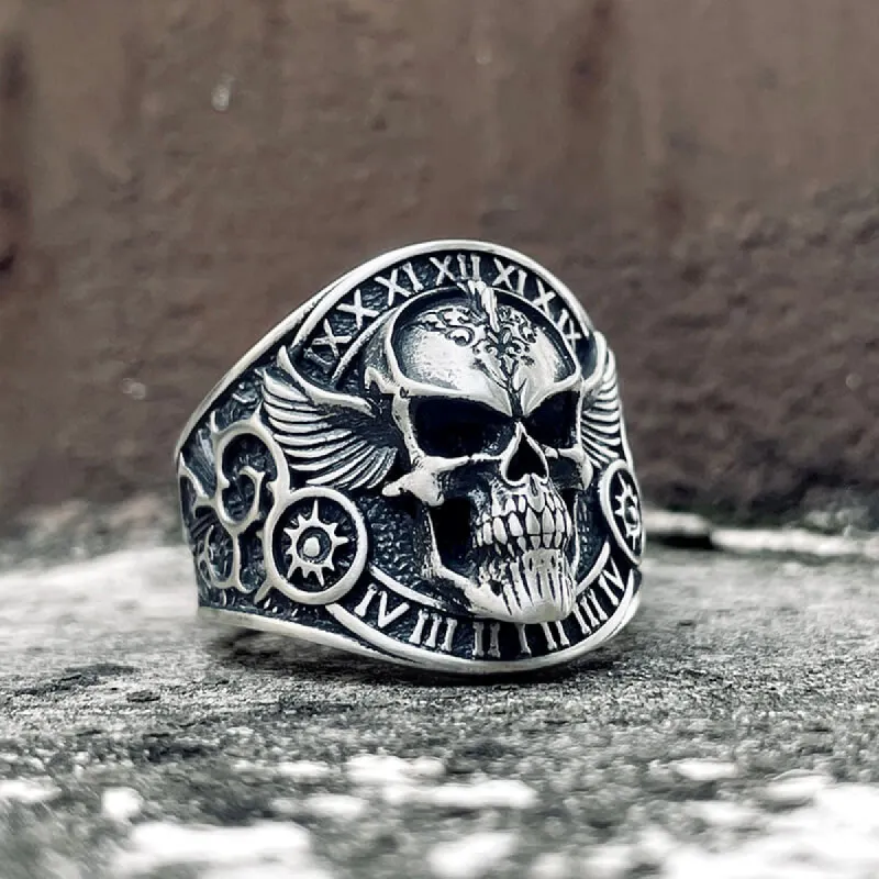Winged Skull Sterling Silver Ruby Biker Ring sold by GTHIC