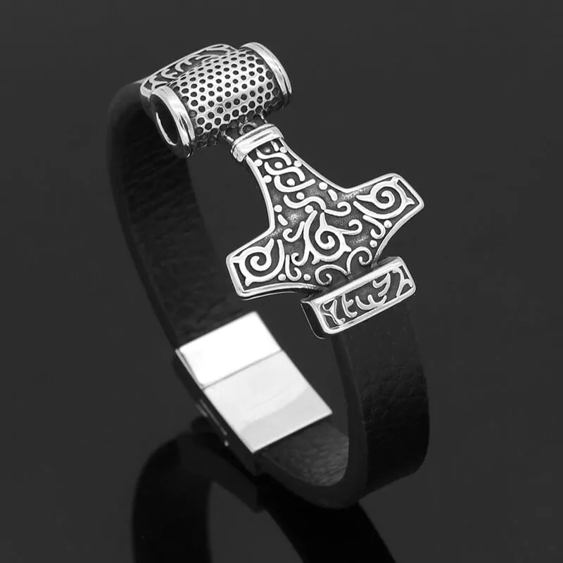 Thor’s Hammer Viking Totem Stainless Steel Leather Bracelet sold by GTHIC