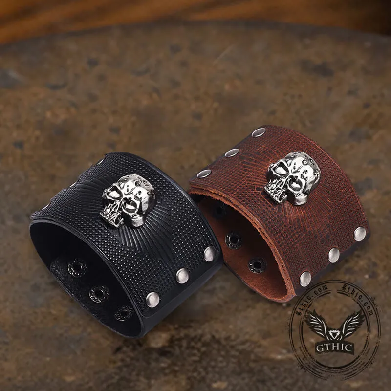 Exaggerated Skull Wide Leather Wristband Bracelet sold by GTHIC