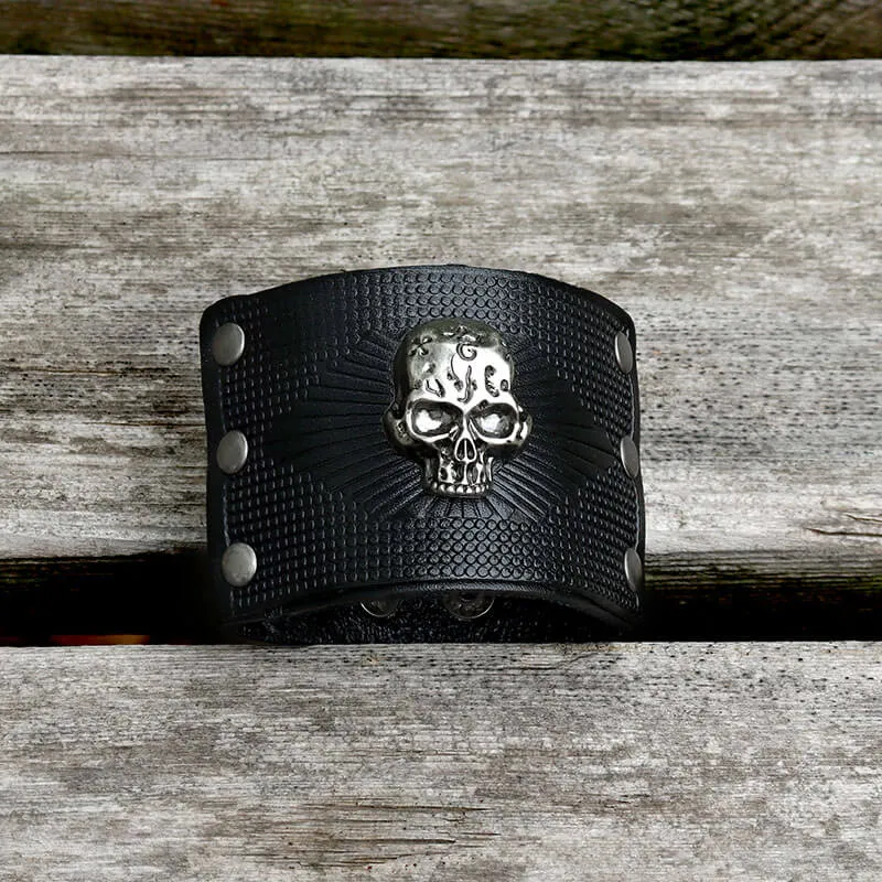 Exaggerated Skull Wide Leather Wristband Bracelet sold by GTHIC product image thumbnail 4