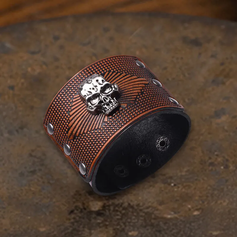 Exaggerated Skull Wide Leather Wristband Bracelet sold by GTHIC product image thumbnail 3