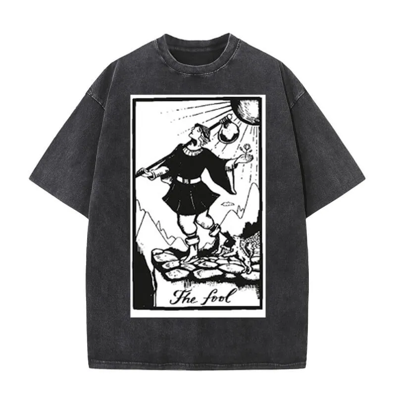 Vintage Washed The Fool Tarot Card Print T-shirt sold by GTHIC