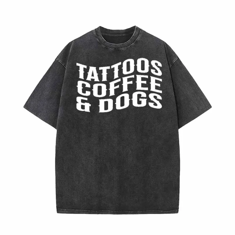 Vintage Washed Tattoos Coffee And Dogs Short Sleeve T-shirt sold by GTHIC