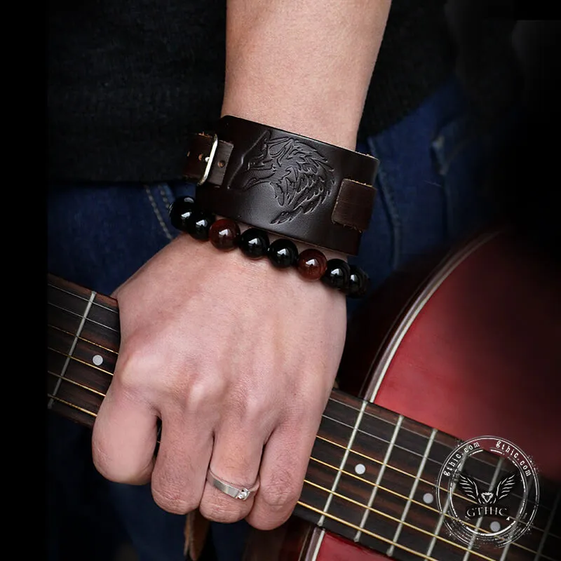 Punk Wolf Head Embossed Leather Bracelet sold by GTHIC product image thumbnail 2