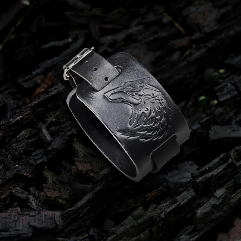 Punk Wolf Head Embossed Leather Bracelet sold by GTHIC