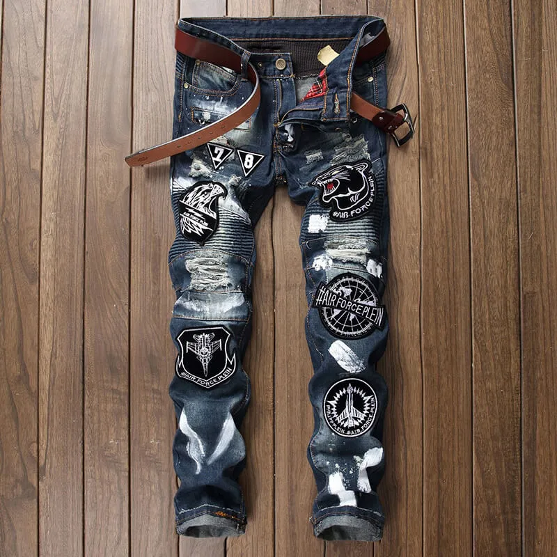 Men's Ripped Patchwork Skinny Straight-fit Pants sold by GTHIC