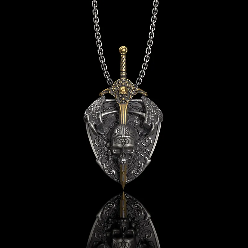 Sword and Shield Sterling Silver Skull Pendant sold by GTHIC
