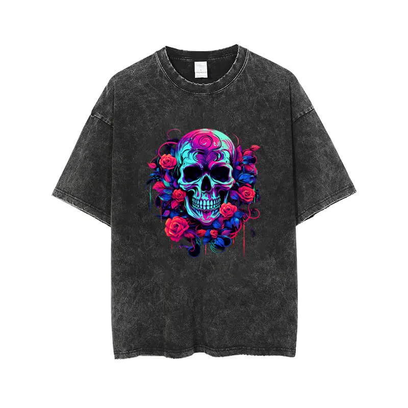 Vintage Washed Flower Skull Print T-shirt sold by GTHIC