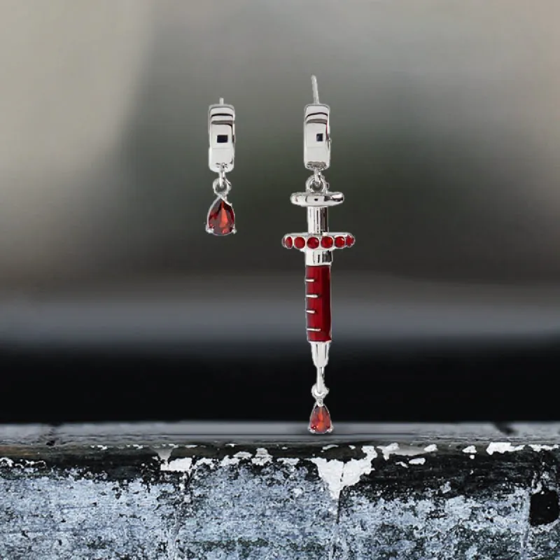 Gothic Bloody Syringe Gem Alloy Silver Plated Stud Earrings sold by GTHIC