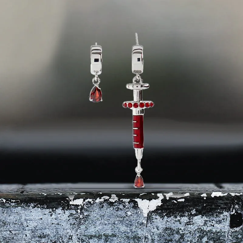 Gothic Bloody Syringe Gem Alloy Silver Plated Stud Earrings sold by GTHIC
