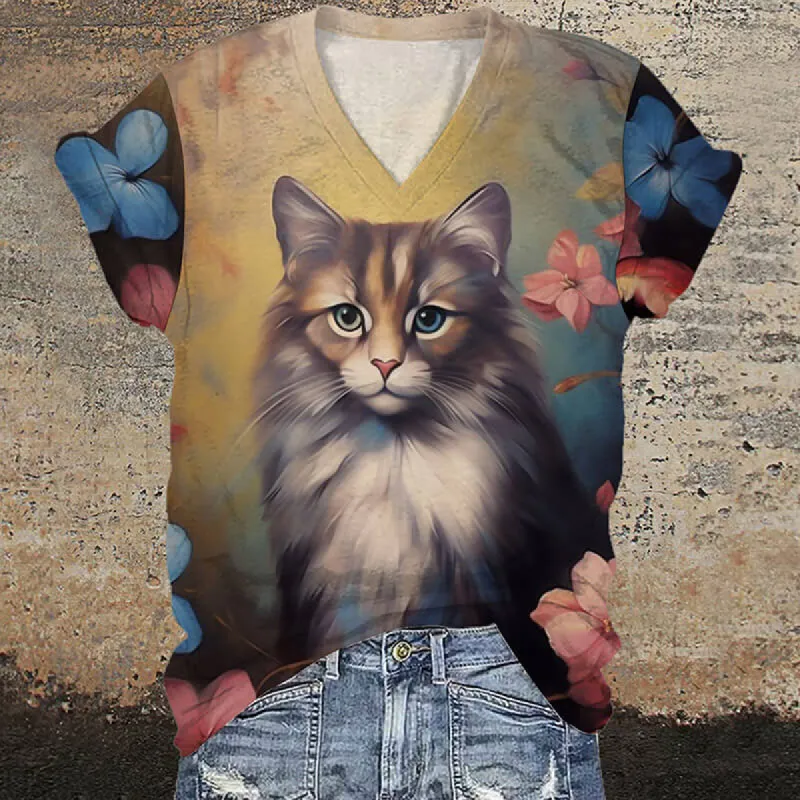 Gothic Cat and Flower V-Neck T-Shirt sold by GTHIC
