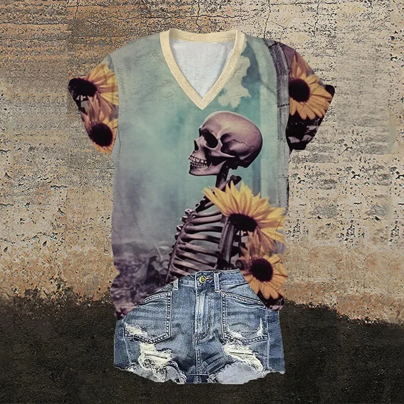 Sunflower Skull V-Neck Gothic T-Shirt sold by GTHIC