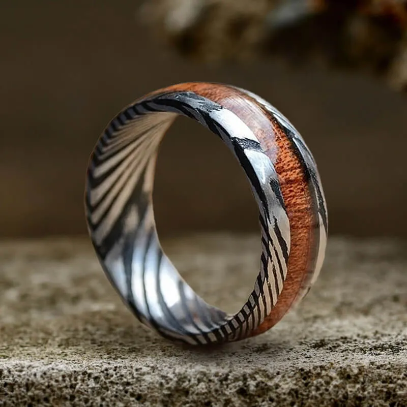 Wood Damascus Steel Minimalist Ring sold by GTHIC