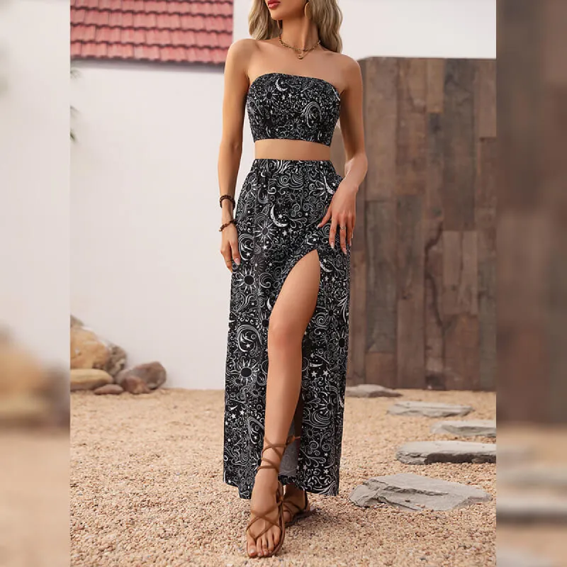 Women's Sexy Dark Gothic Retro Floral Tube Top Skirt Set made by GTHIC