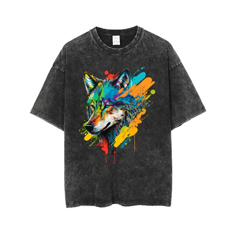 Vintage Washed Colorful Wolf Head Print T-shirt sold by GTHIC