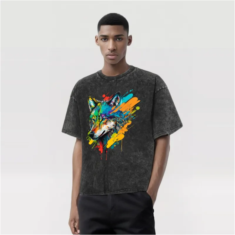 Vintage Washed Colorful Wolf Head Print T-shirt sold by GTHIC product image thumbnail 2