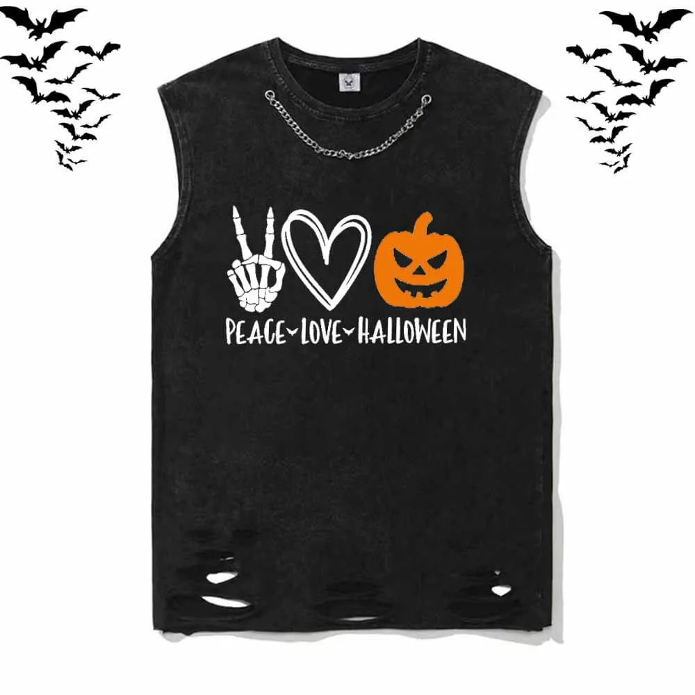 Peace Love Halloween Vintage Washed Cotton Vest Top sold by GTHIC
