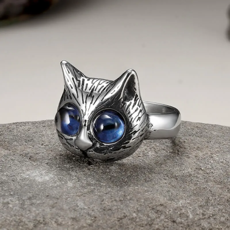 Gem-Eye Cat Head Stainless Steel Ring made by GTHIC